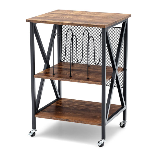 3 Tiers Vintage Style Rolling End Table with 3 Dividers for Albums-Brown