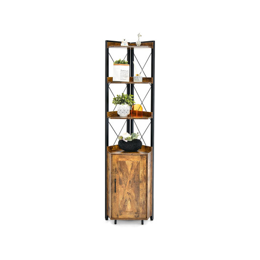 Tall Corner Storage Cabinet with 3-Tier Shelf and Enclosed Cabinet-Rustic Brown - Image 2
