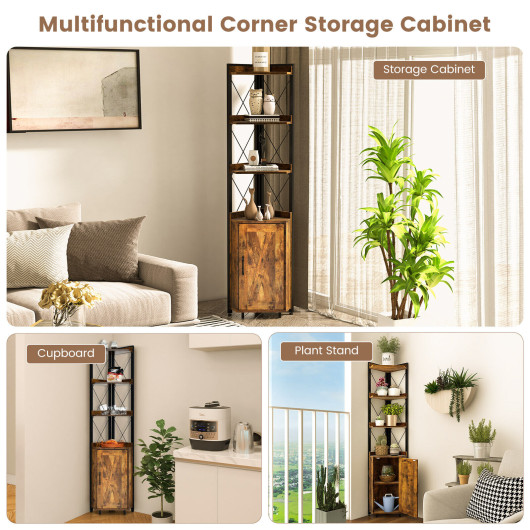 Tall Corner Storage Cabinet with 3-Tier Shelf and Enclosed Cabinet-Rustic Brown - Image 3