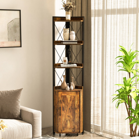 Tall Corner Storage Cabinet with 3-Tier Shelf and Enclosed Cabinet-Rustic Brown - Image 4