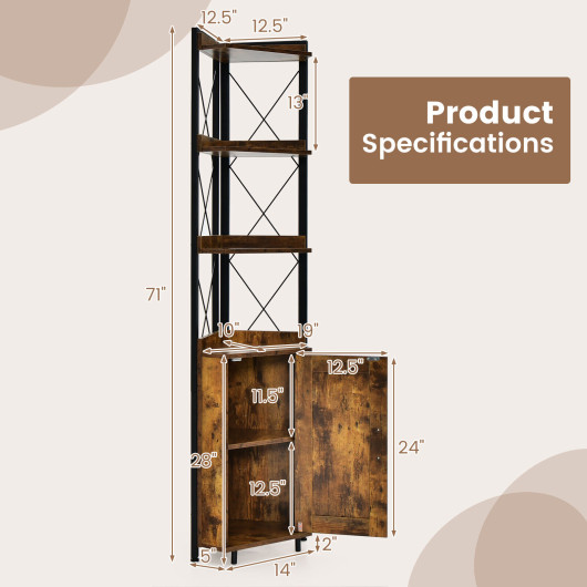 Tall Corner Storage Cabinet with 3-Tier Shelf and Enclosed Cabinet-Rustic Brown - Image 5