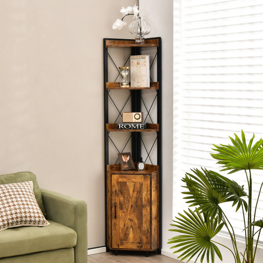 Tall Corner Storage Cabinet with 3-Tier Shelf and Enclosed Cabinet-Rustic Brown - Image 6