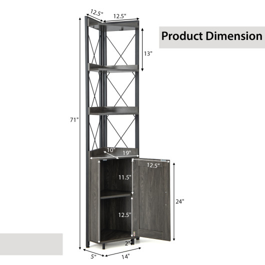 Tall Corner Storage Cabinet with 3-Tier Shelf and Enclosed Cabinet-Gray - Image 3