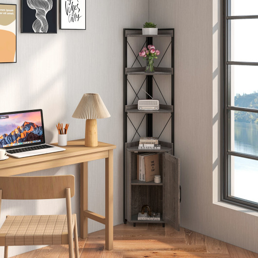 Tall Corner Storage Cabinet with 3-Tier Shelf and Enclosed Cabinet-Gray - Image 5