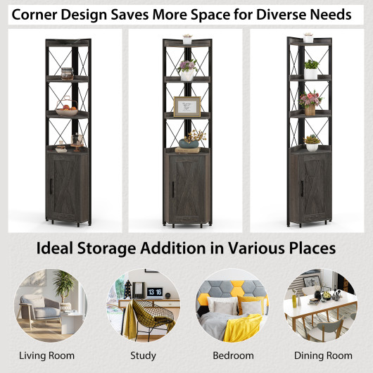 Tall Corner Storage Cabinet with 3-Tier Shelf and Enclosed Cabinet-Gray - Image 6