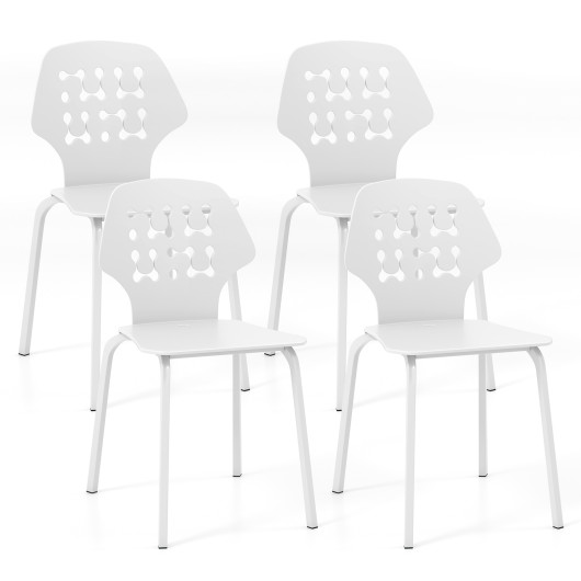 Set of 4 Metal Dining Chair with Hollowed Backrest and Metal Legs-White - Image 3