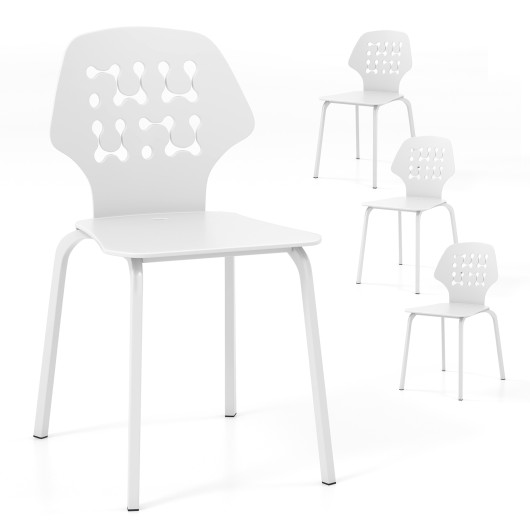 Set of 4 Metal Dining Chair with Hollowed Backrest and Metal Legs-White - Image 4