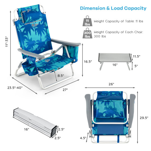 2 Packs 5-Position Outdoor Folding Backpack Beach Table Chair Reclining Chair Set-Navy - Image 3