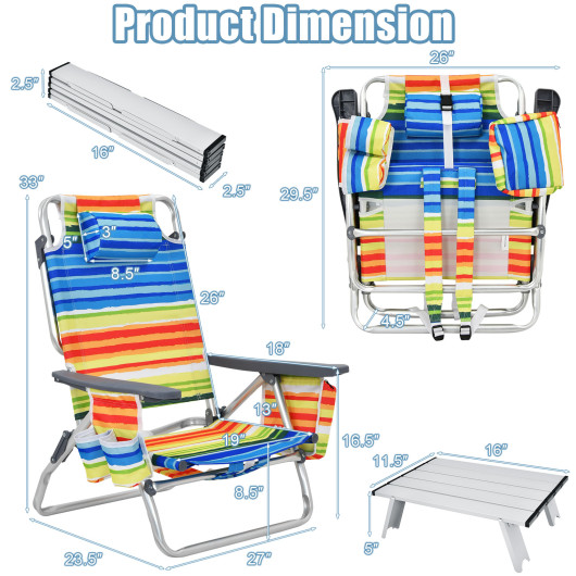 2 Packs 5-Position Outdoor Folding Backpack Beach Table Chair Reclining Chair Set-Yellow - Image 3