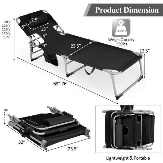 Folding Beach Lounge Chair with Pillow for Outdoor-Black - Image 6