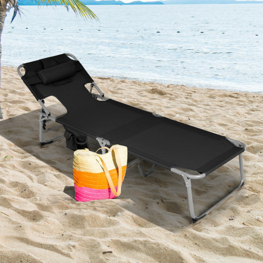 Folding Beach Lounge Chair with Pillow for Outdoor-Black - Image 5