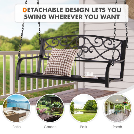 Outdoor 2-Person Metal Porch Swing Chair with Chains-Brown - Image 2