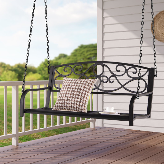 Outdoor 2-Person Metal Porch Swing Chair with Chains-Brown - Image 3