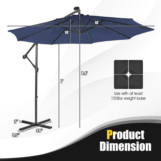 10 Feet Patio Solar Powered Cantilever Umbrella with Tilting System-Navy - Image 4