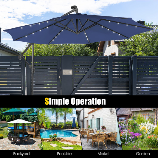 10 Feet Patio Solar Powered Cantilever Umbrella with Tilting System-Navy - Image 5
