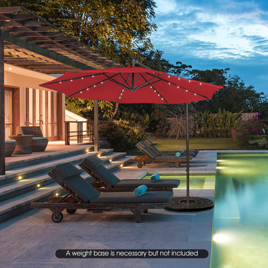 10 Feet Patio Solar Powered Cantilever Umbrella with Tilting System-Red - Image 3