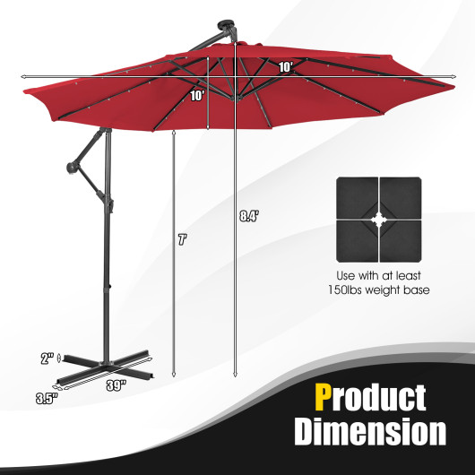 10 Feet Patio Solar Powered Cantilever Umbrella with Tilting System-Red - Image 5