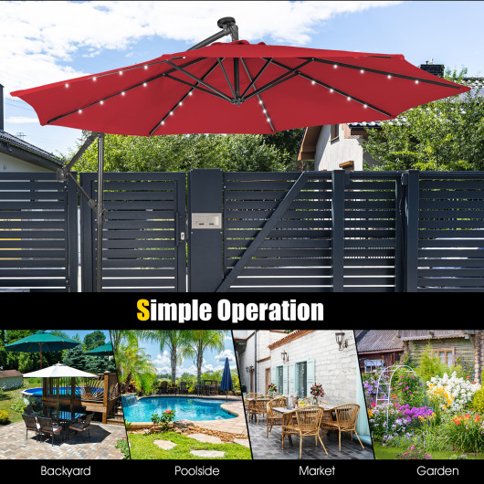 10 Feet Patio Solar Powered Cantilever Umbrella with Tilting System-Red - Image 6