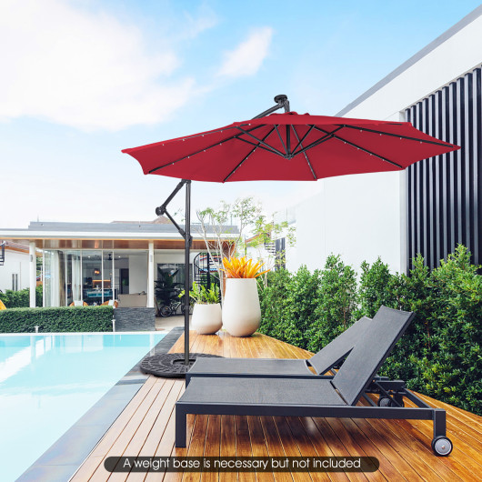 10 Feet Patio Solar Powered Cantilever Umbrella with Tilting System-Red - Image 4