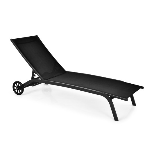6-Poisition Adjustable Outdoor Chaise Recliner with Wheels-Black - Image 3