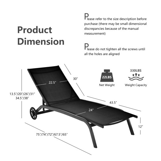 6-Poisition Adjustable Outdoor Chaise Recliner with Wheels-Black - Image 4