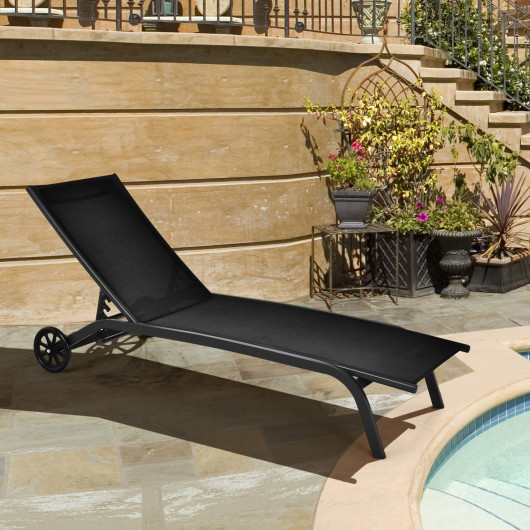 6-Poisition Adjustable Outdoor Chaise Recliner with Wheels-Black - Image 5