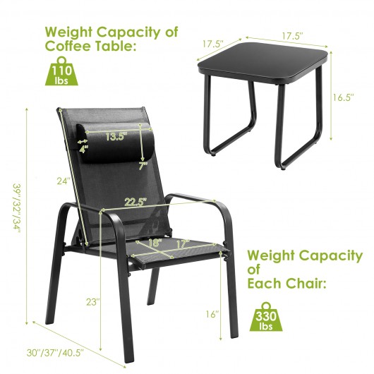 3 Pieces Patio Bistro Furniture Set with Adjustable Backrest-Black - Image 5
