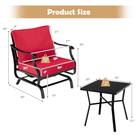 3 Piece Patio Rocking Chair Set with Coffee Table-Red - Image 3