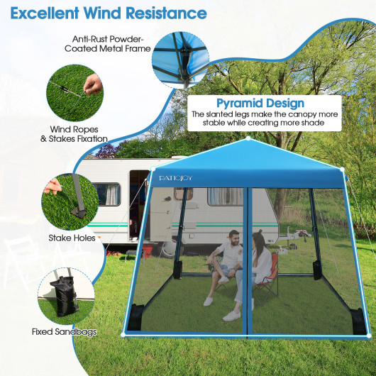 10 x 10 Feet Pop Up Canopy with with Mesh Sidewalls and Roller Bag-Blue - Image 3