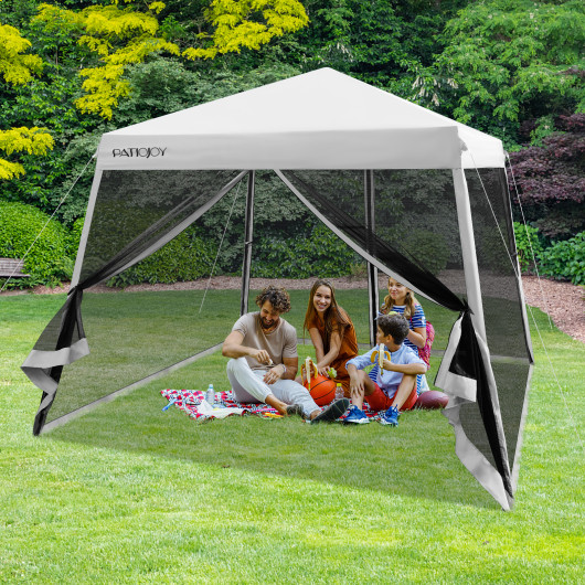 10 x 10 Feet Pop Up Canopy with with Mesh Sidewalls and Roller Bag-Gray - Image 6
