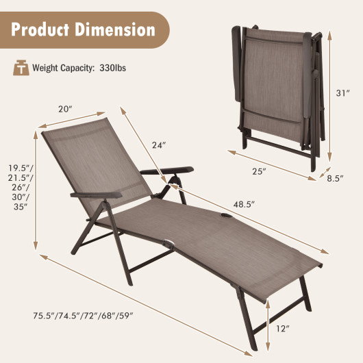 Patio Foldable Chaise Lounge Chair with Backrest and Footrest-Brown - Image 5