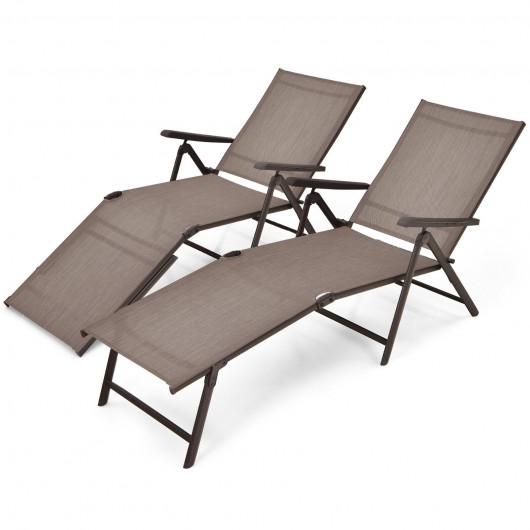 2 Pieces Foldable Chaise Lounge Chair with 2-Position Footrest-Brown - Image 3