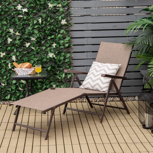 2 Pieces Foldable Chaise Lounge Chair with 2-Position Footrest-Brown - Image 2