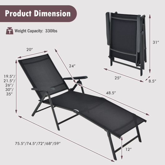 Patio Foldable Chaise Lounge Chair with Backrest and Footrest-Black - Image 4