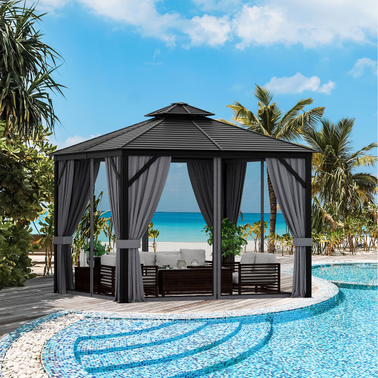 10 x 10 Feet Double-Top Hardtop Gazebo with Galvanized Steel Roof-Gray - Image 2
