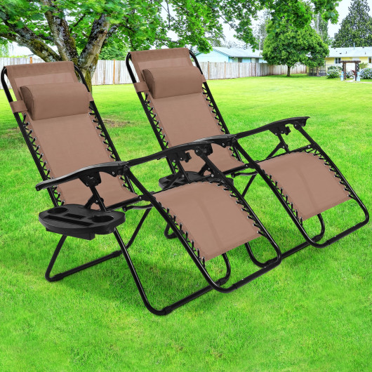 2 Pieces Folding Lounge Chair with Zero Gravity-Brown - Image 2