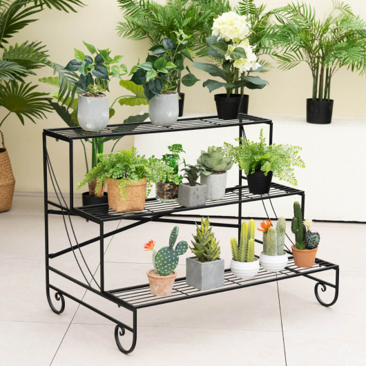3-Tier Mental Plant Stand with Grid Shelf - Image 6