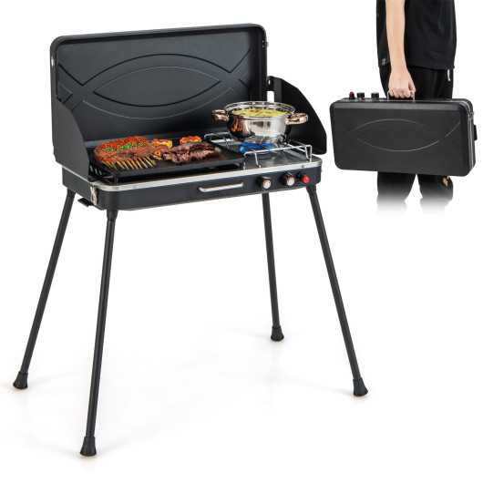 2-in-1 Gas Camping Grill and Stove with Detachable Legs-Black - Image 2