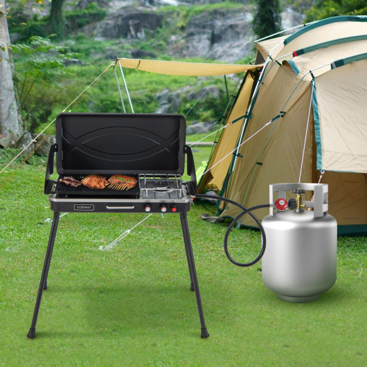 2-in-1 Gas Camping Grill and Stove with Detachable Legs-Black - Image 4