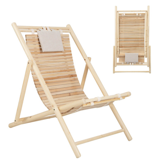Solid Fir Wood Lounge Chair with 3-Level Adjustable Backrest and Soft Padded Headrest-Natural - Image 5