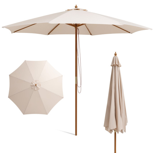 10 Feet Patio Umbrella with 8 Wooden Ribs and 3 Adjustable Heights-Beige - Image 3
