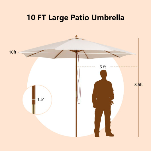 10 Feet Patio Umbrella with 8 Wooden Ribs and 3 Adjustable Heights-Beige - Image 4