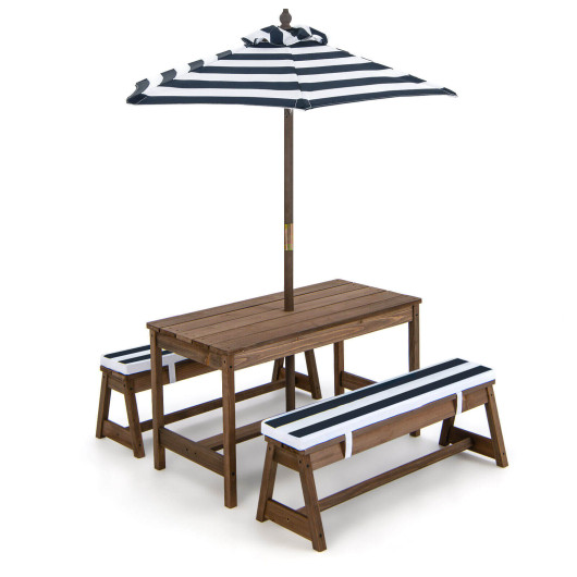 Kids Picnic Table and Bench Set with Cushions and Height Adjustable Umbrella-Blue - Image 3