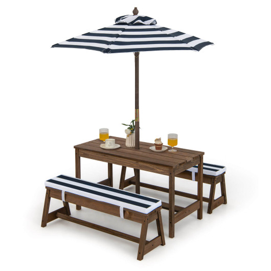 Kids Picnic Table and Bench Set with Cushions and Height Adjustable Umbrella-Blue - Image 2