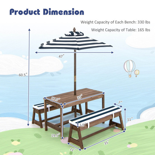 Kids Picnic Table and Bench Set with Cushions and Height Adjustable Umbrella-Blue - Image 4