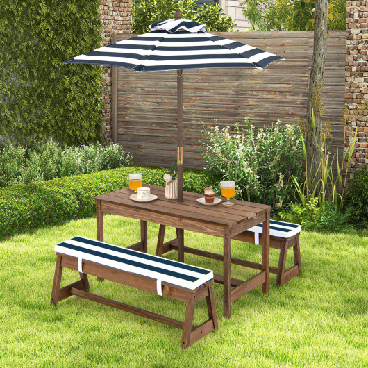 Kids Picnic Table and Bench Set with Cushions and Height Adjustable Umbrella-Blue - Image 5