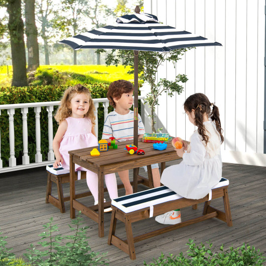 Kids Picnic Table and Bench Set with Cushions and Height Adjustable Umbrella-Blue - Image 6