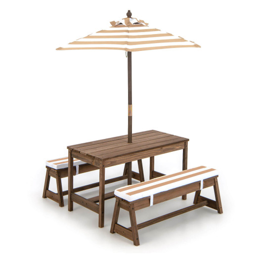 Kids Picnic Table and Bench Set with Cushions and Height Adjustable Umbrella-Brown - Image 2