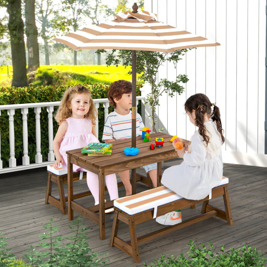 Kids Picnic Table and Bench Set with Cushions and Height Adjustable Umbrella-Brown - Image 3