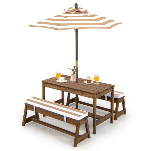Kids Picnic Table and Bench Set with Cushions and Height Adjustable Umbrella-Brown - Image 4
